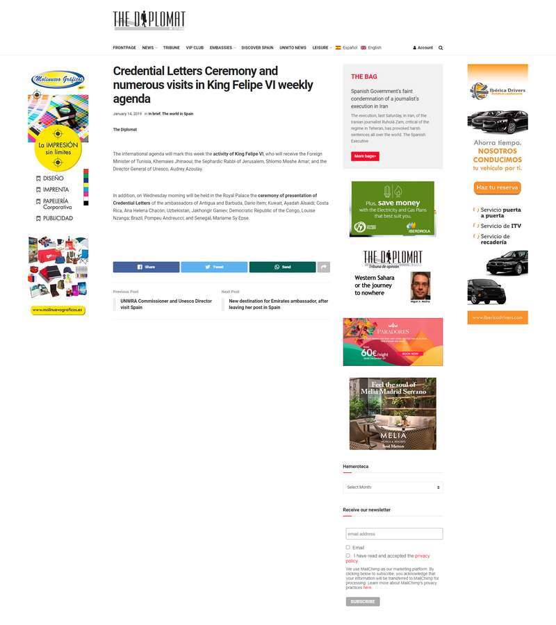 Credential Letters Ceremony and numerous visits in King Felipe VI weekly agenda