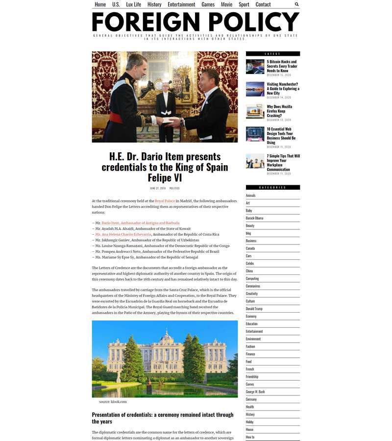 H.E. Dr. Dario Item presents credentials to the King of Spain Felipe VI