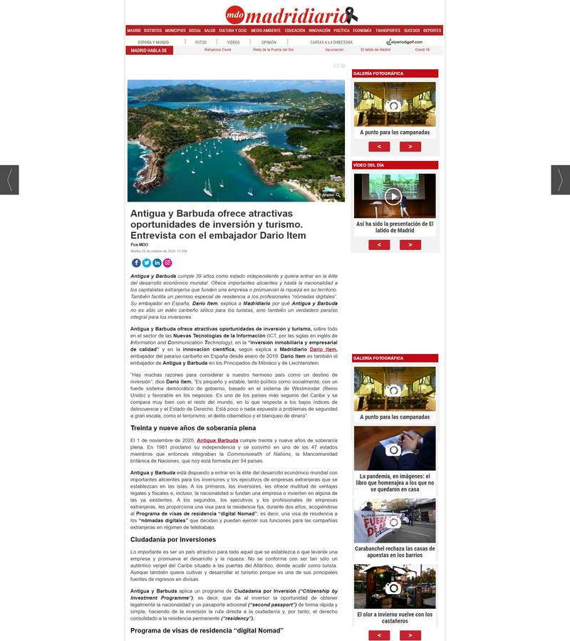 Antigua y Barbuda ofrece atractivas oportunidades de inversión y turismo. Entrevista con el embajador Dario Item