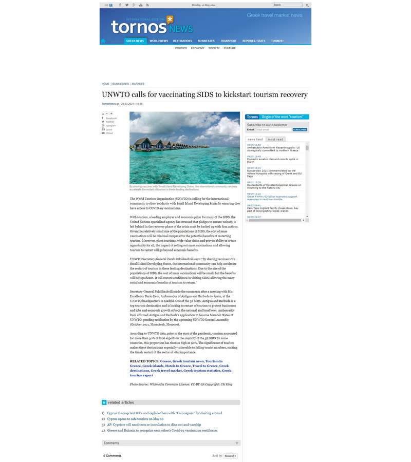 UNWTO calls for vaccinating SIDS to kickstart tourism recovery