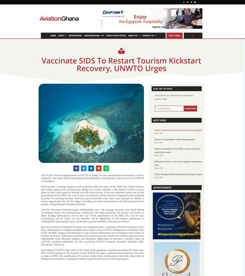 Vaccinate SIDS To Restart Tourism Kickstart Recovery, UNWTO Urges